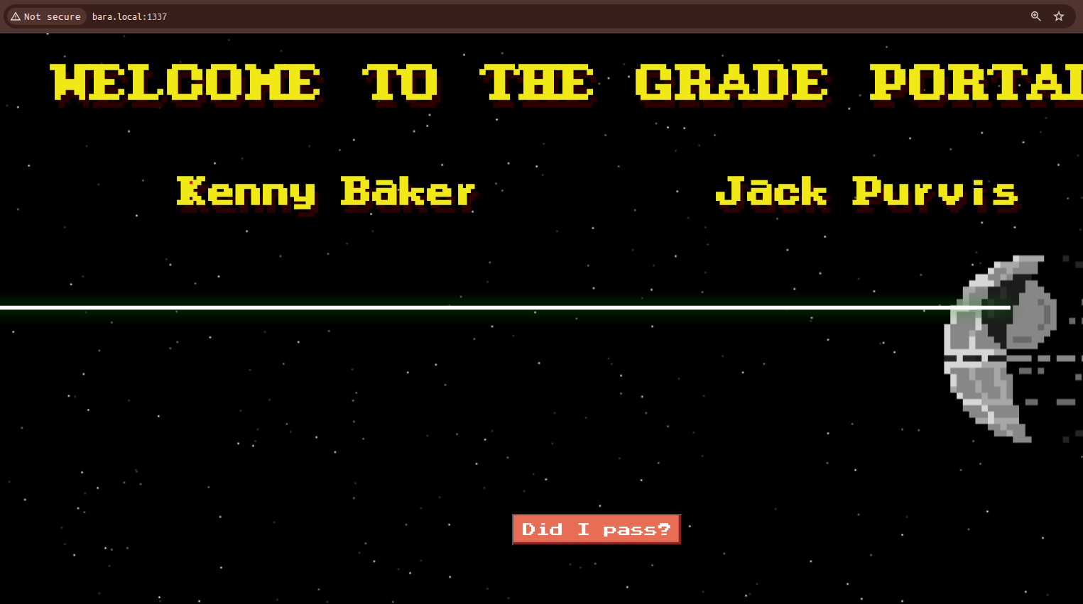 Grade Portal welcome page showing Kenny Baker and Jack Purvis